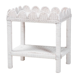 bali & pari Sumana Natural Rattan Side Table - Handwoven Wicker 2-Tier Accent End Table with Scalloped Tray Top for Living Room, White